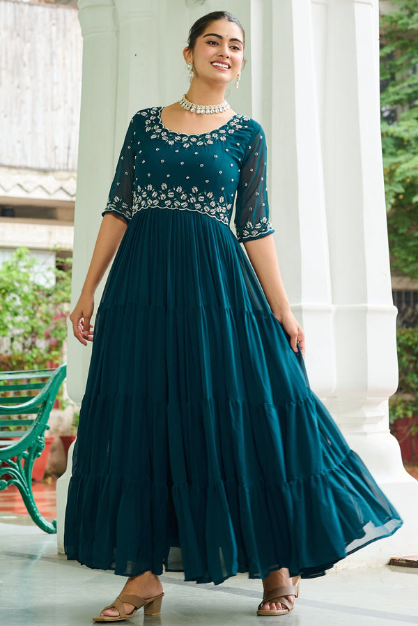 Dazzling Teal Color Blooming Fabric Gown