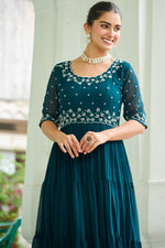 Dazzling Teal Color Blooming Fabric Gown