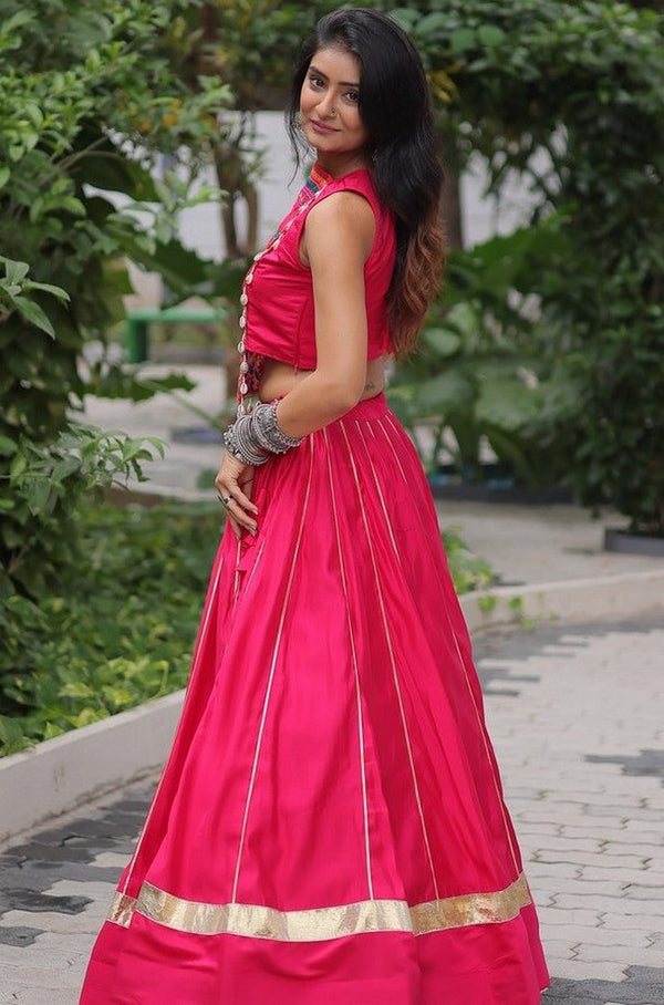 Lovely Pink Color Roman Fabric Party Wear Lehenga