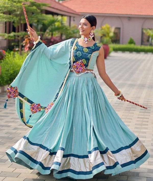 Amazing Aqua Color Cotton Fabric Party Wear Lehenga