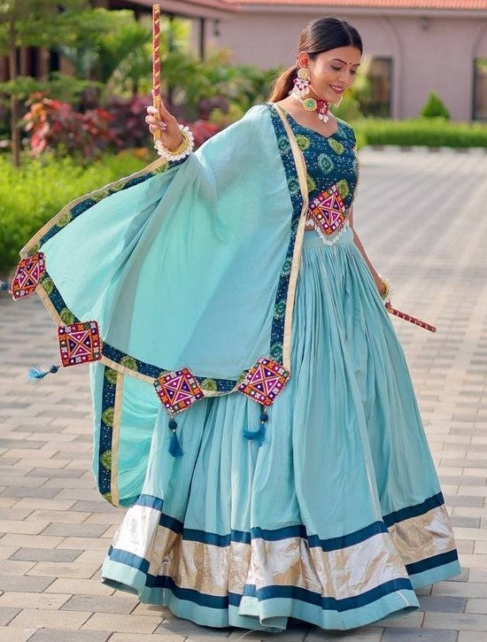 Amazing Aqua Color Cotton Fabric Party Wear Lehenga