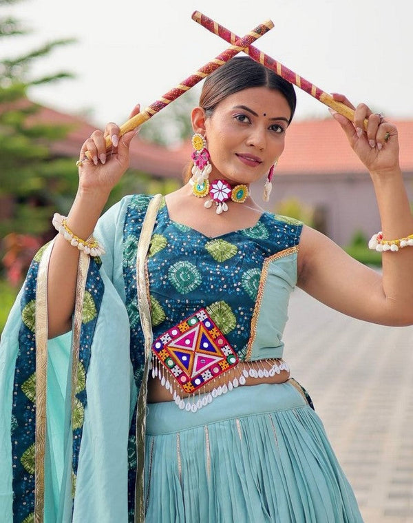 Amazing Aqua Color Cotton Fabric Party Wear Lehenga