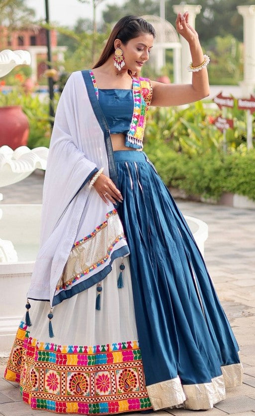 Amazing Teal Color Cotton Fabric Party Wear Lehenga