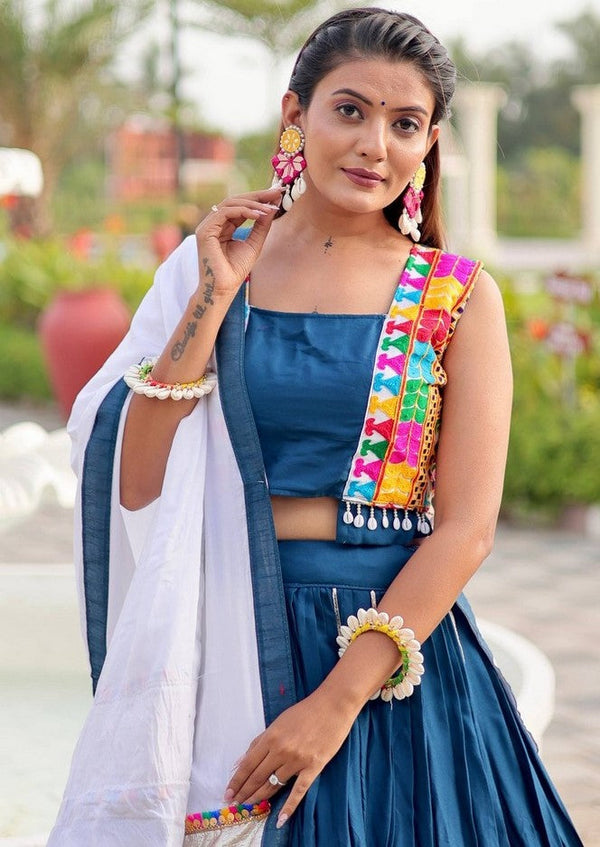 Amazing Teal Color Cotton Fabric Party Wear Lehenga