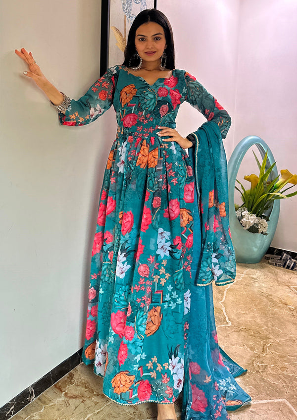 Striking Turquoise Color Georgette Fabric Designer Suit