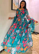 Striking Turquoise Color Georgette Fabric Designer Suit