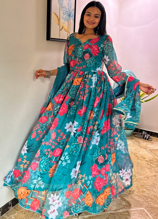 Striking Turquoise Color Georgette Fabric Designer Suit