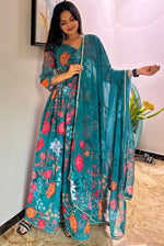 Striking Turquoise Color Georgette Fabric Designer Suit