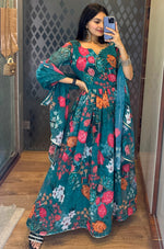 Striking Turquoise Color Georgette Fabric Designer Suit
