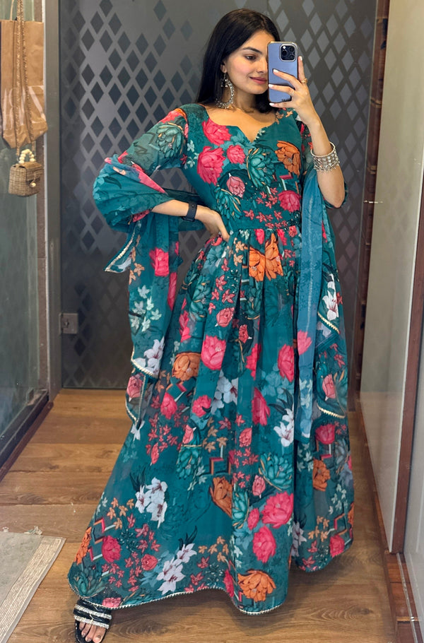 Striking Turquoise Color Georgette Fabric Designer Suit