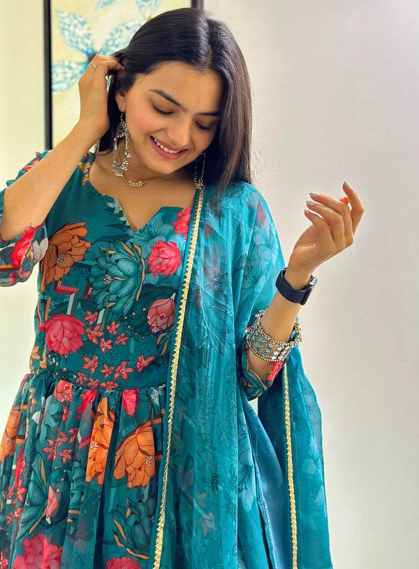 Striking Turquoise Color Georgette Fabric Designer Suit
