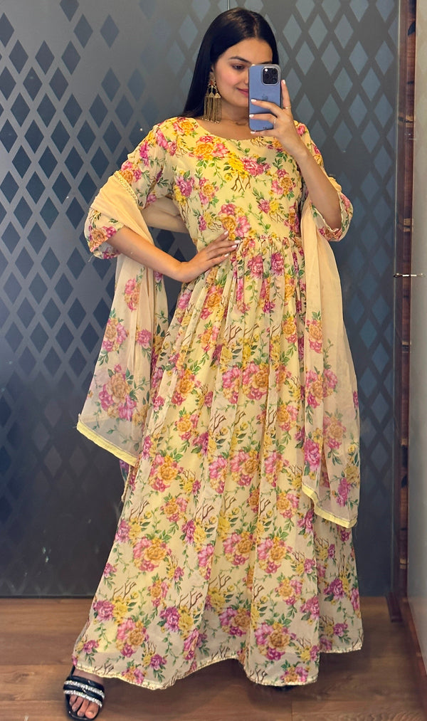 Striking Yellow Color Georgette Fabric Designer Suit