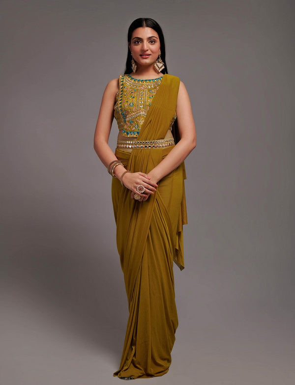 Lovely Mustard Color Lycra Fabric Partywear Saree