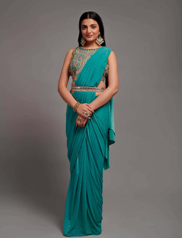 Lovely Teal Color Lycra Fabric Partywear Saree
