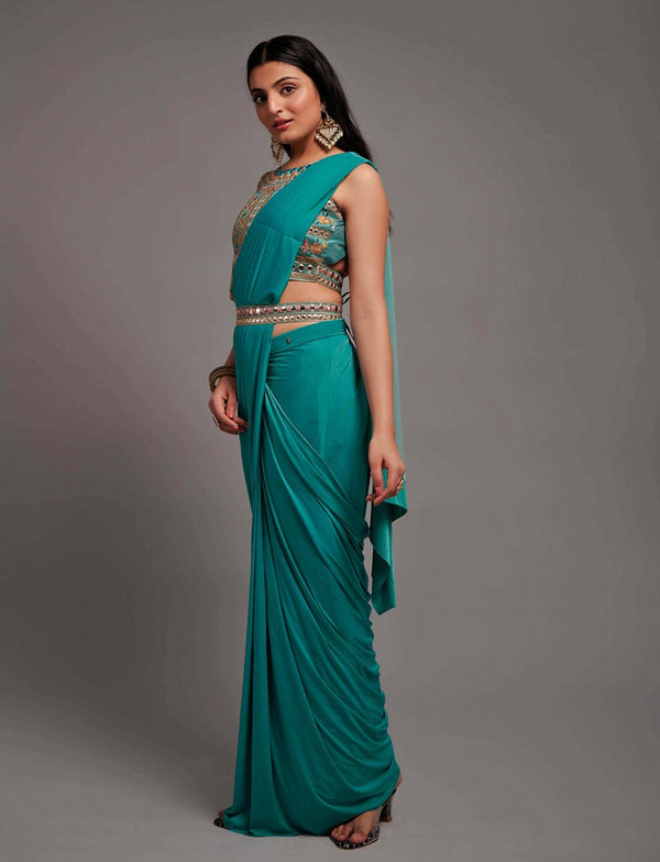Lovely Teal Color Lycra Fabric Partywear Saree
