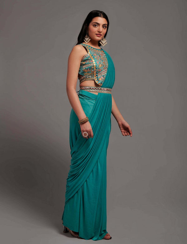 Lovely Teal Color Lycra Fabric Partywear Saree