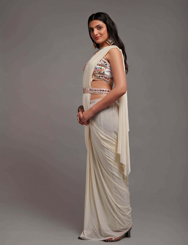 Lovely White Color Lycra Fabric Partywear Saree
