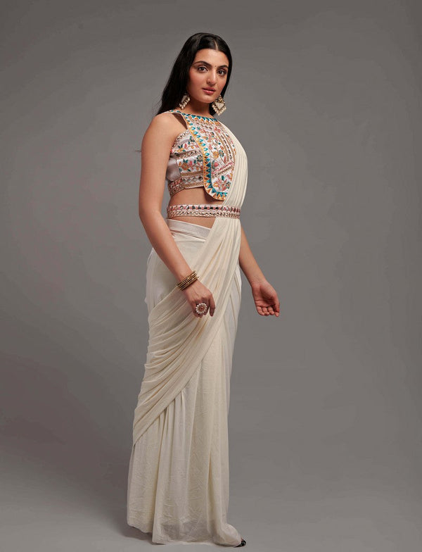 Lovely White Color Lycra Fabric Partywear Saree