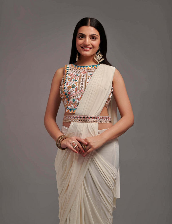 Lovely White Color Lycra Fabric Partywear Saree