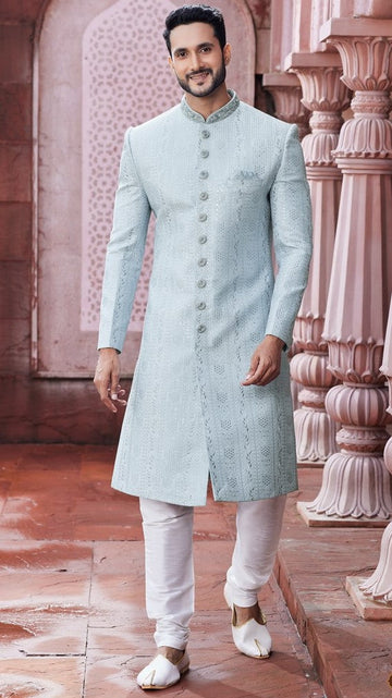 Ideal Grey  Color Art Silk Fabric Sherwani