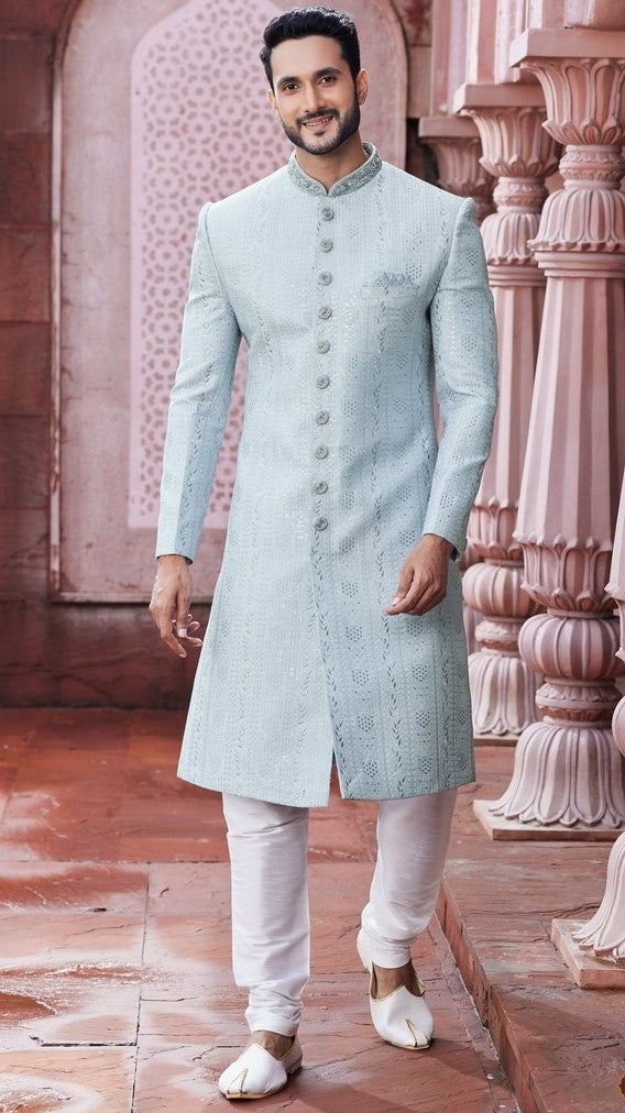 Ideal Grey  Color Art Silk Fabric Sherwani