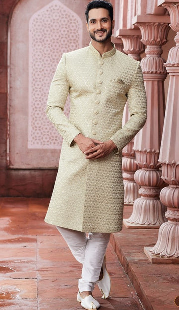 Ideal Cream Color Art Silk Fabric Sherwani