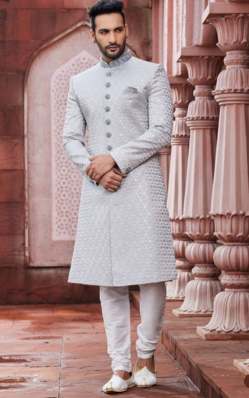 Ideal Grey  Color Art Silk Fabric Sherwani