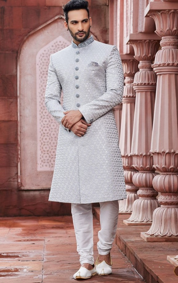 Ideal Grey  Color Art Silk Fabric Sherwani