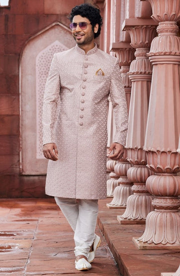 Ideal Pink Color Art Silk Fabric Sherwani