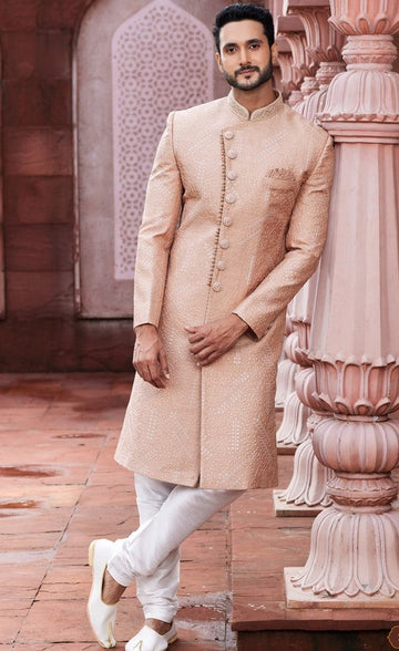 Ideal Peach Color Art Silk Fabric Sherwani