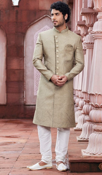 Ideal Beige Color Art Silk Fabric Sherwani