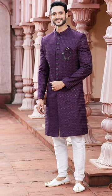 Ideal Voilet Color Art Silk Fabric Sherwani