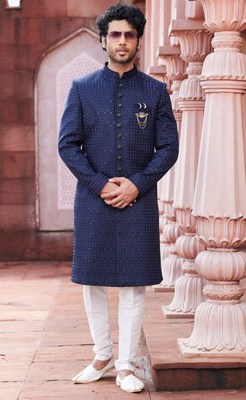 Ideal Navy Blue Color Art Silk Fabric Sherwani