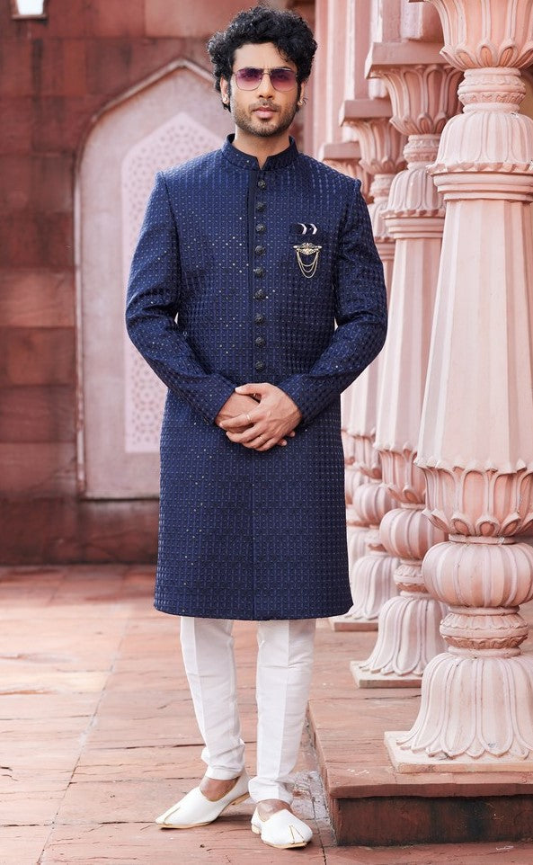 Ideal Navy Blue Color Art Silk Fabric Sherwani
