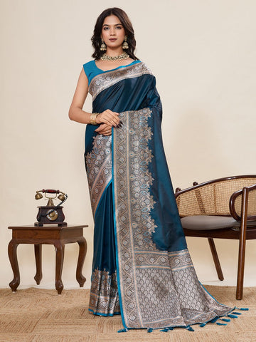 Ideal Teal Color Satin Fabric Partywear Saree