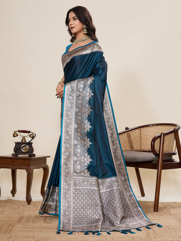 Ideal Teal Color Satin Fabric Partywear Saree