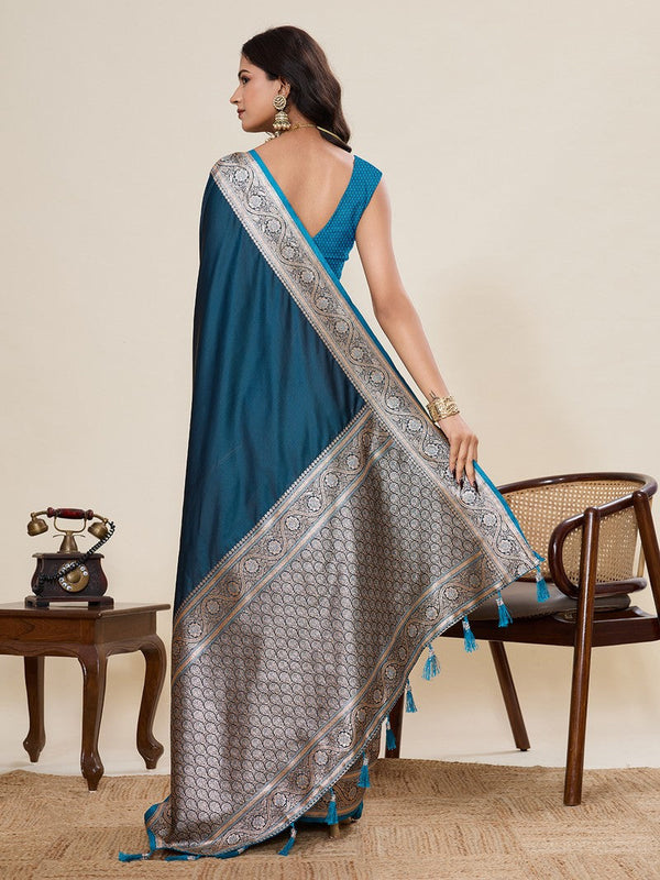 Ideal Teal Color Satin Fabric Partywear Saree