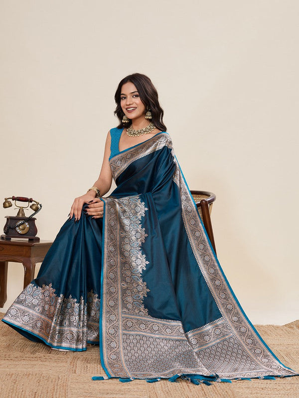 Ideal Teal Color Satin Fabric Partywear Saree