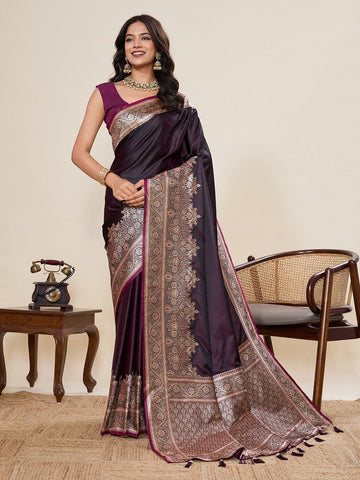 Ideal Wine Color Satin Fabric Partywear Saree