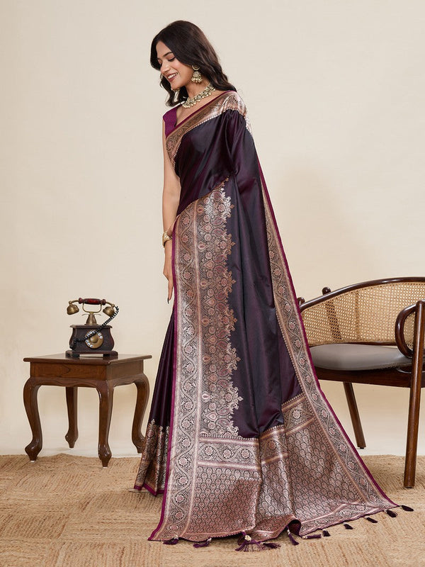 Ideal Wine Color Satin Fabric Partywear Saree