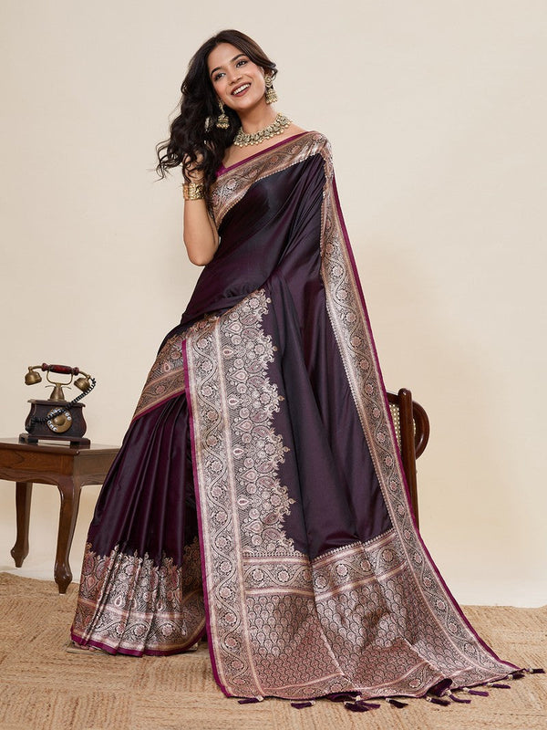 Ideal Wine Color Satin Fabric Partywear Saree