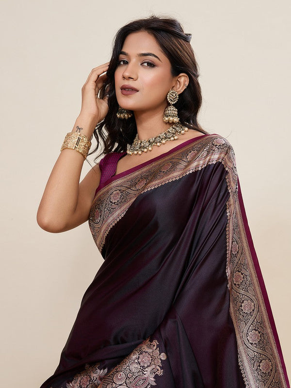 Ideal Wine Color Satin Fabric Partywear Saree
