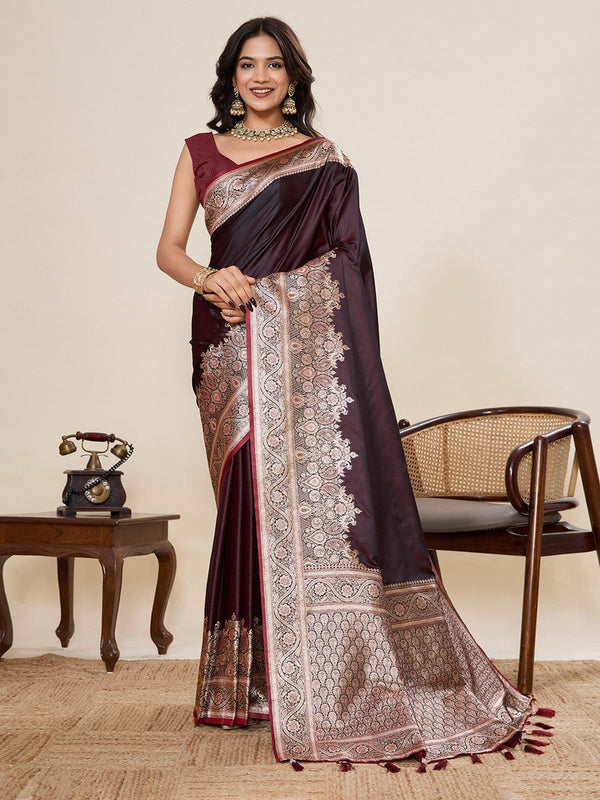 Ideal Brown Color Satin Fabric Partywear Saree