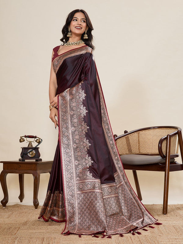 Ideal Brown Color Satin Fabric Partywear Saree