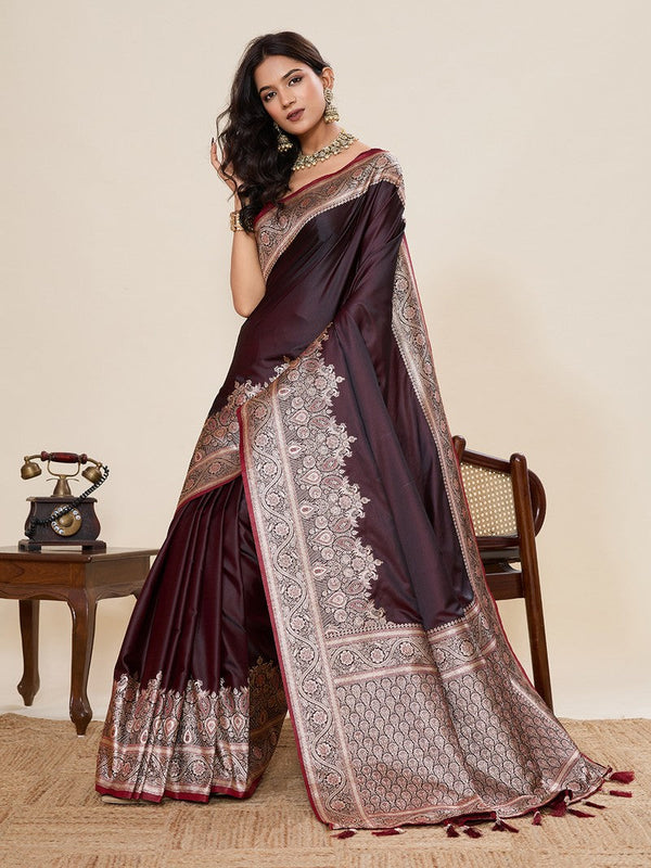 Ideal Brown Color Satin Fabric Partywear Saree