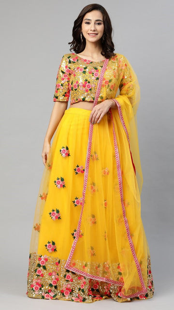 Amazing Yellow Color Net Fabric Party Wear Lehenga