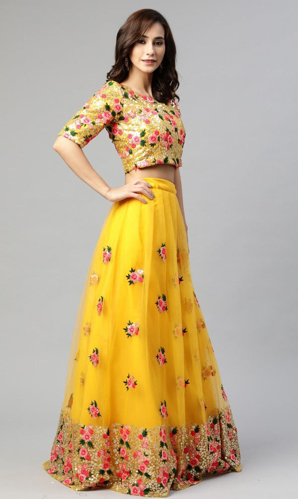 Amazing Yellow Color Net Fabric Party Wear Lehenga