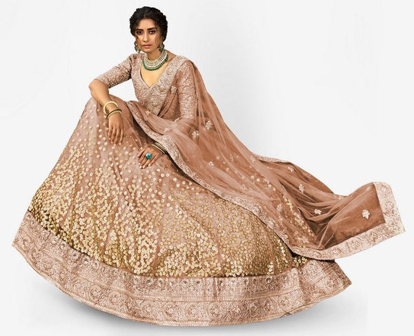 Amazing Brown Color Net Fabric Party Wear Lehenga