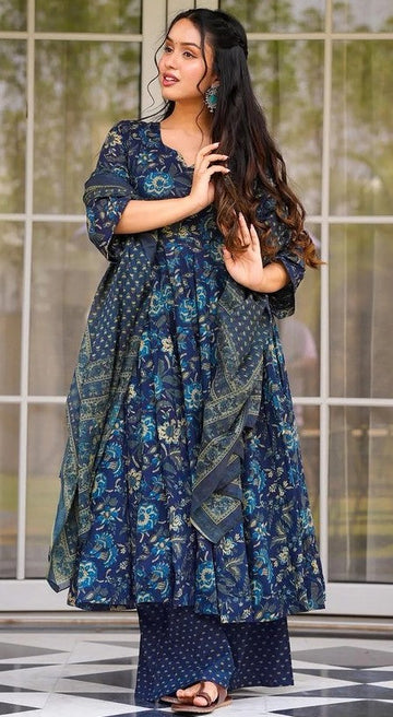 Amazing Teal Color Muslin Fabric Designer Suit