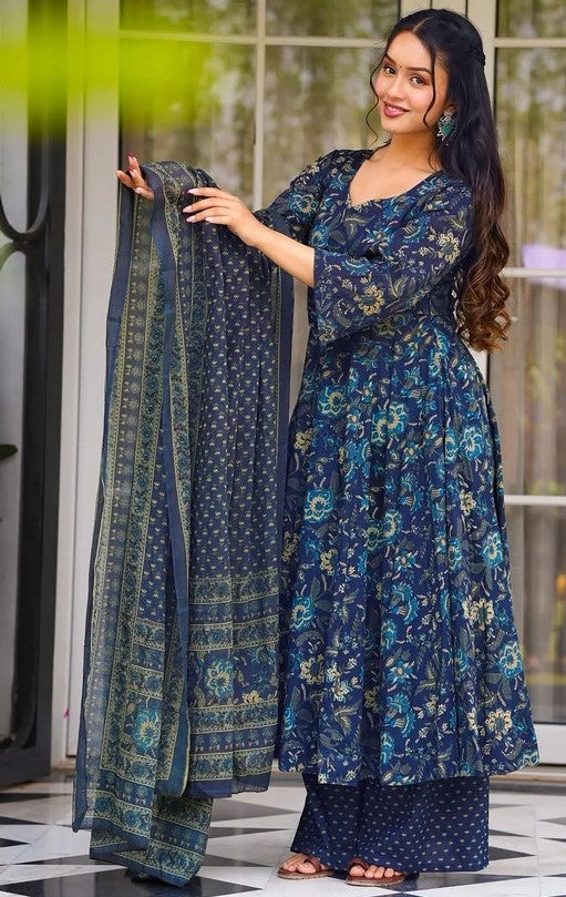 Amazing Teal Color Muslin Fabric Designer Suit